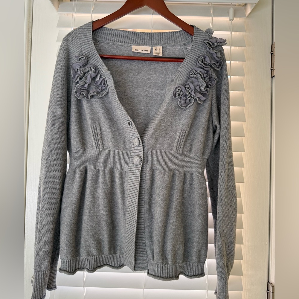 DKNY Gray Ruffle Flower Accent Cardigan